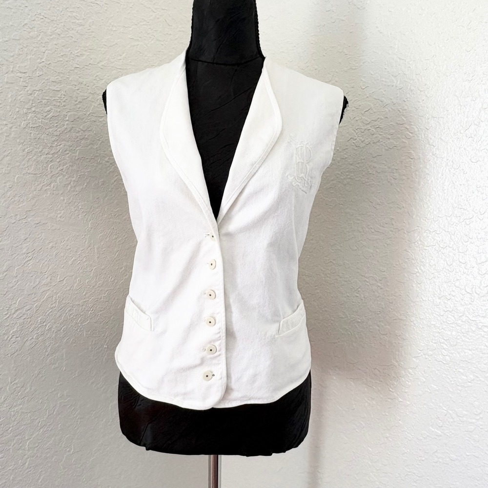 Lauren Jeans Co Ralph Lauren Embroidered Crest Denim Vest Womens L White Preppy